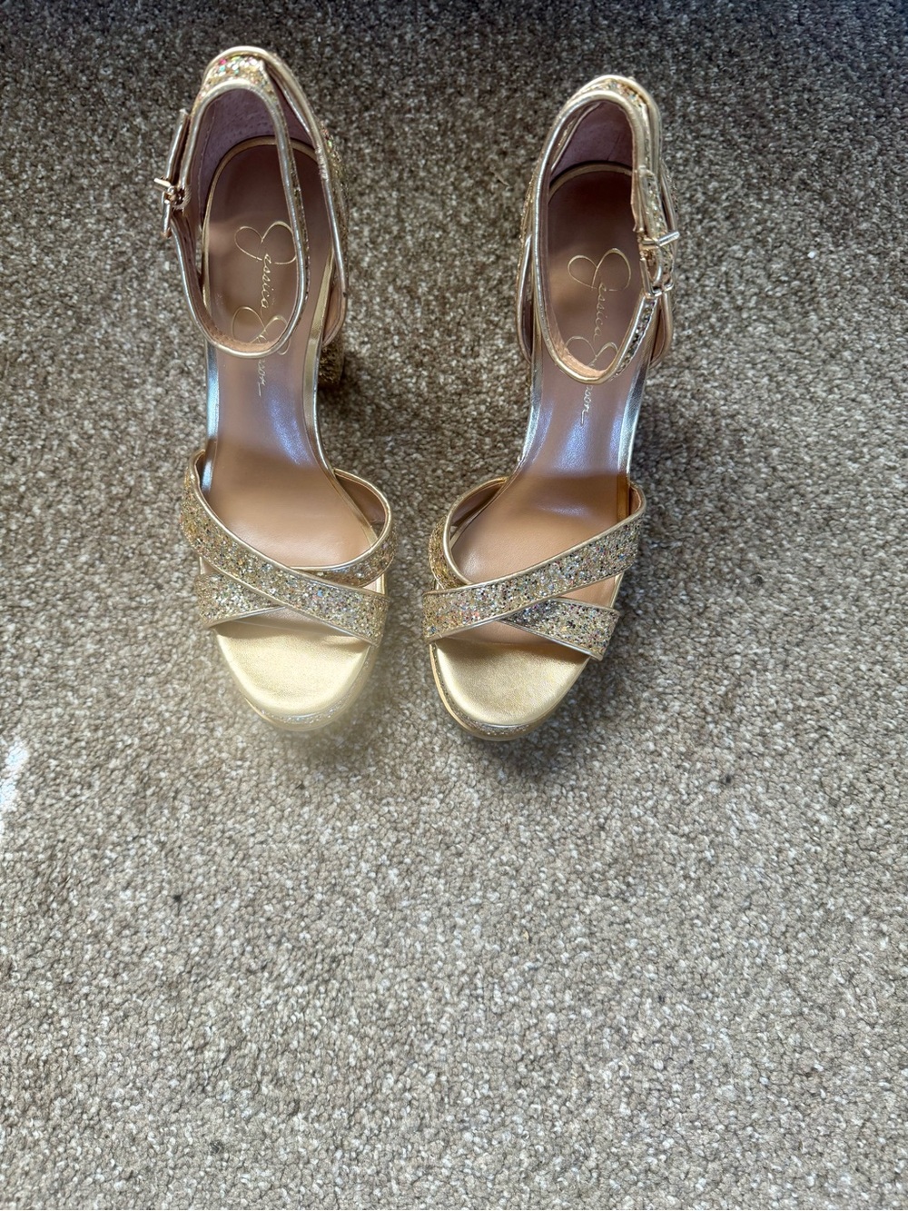 Jessica Simpson Gold Glitter Cross-Strap Platform Heels